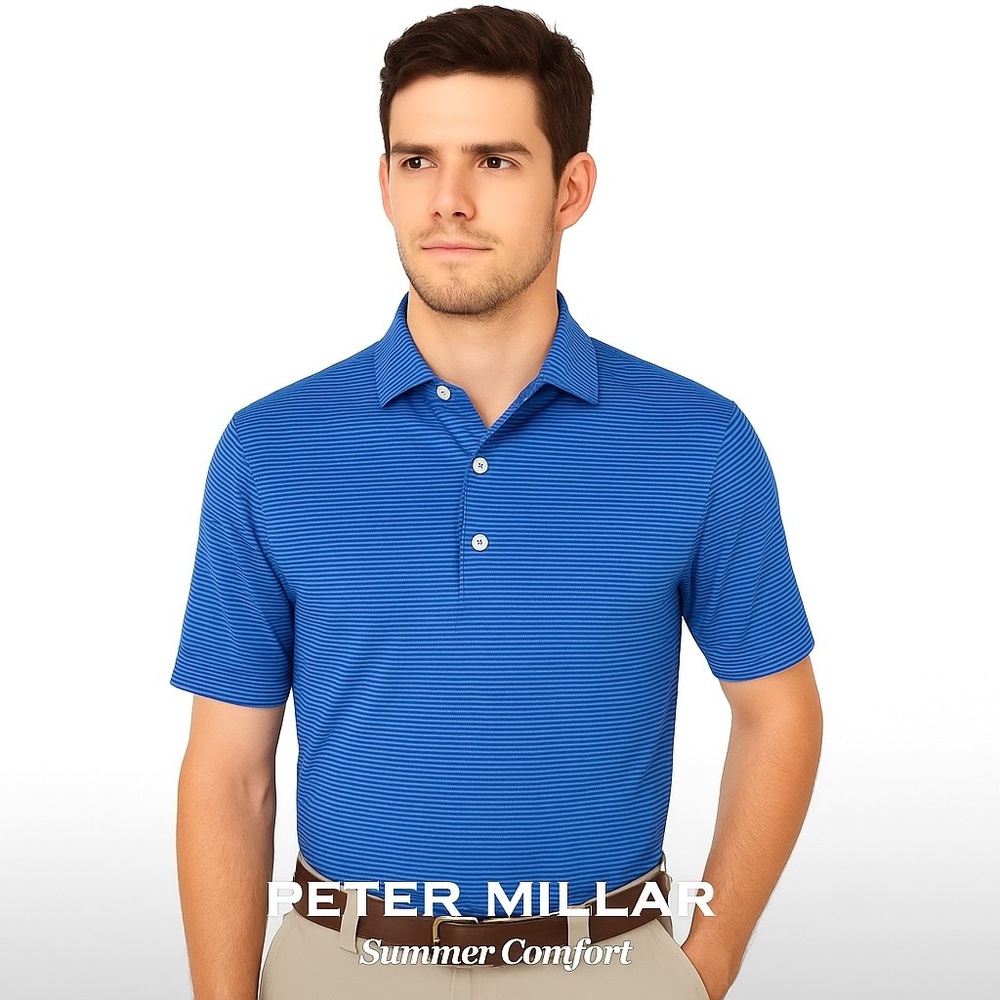 Peter Millar Summer Comfort Blue Striped Polo Shirt Size Large